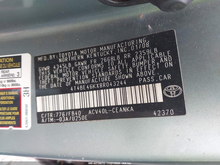 4T4BE46KX8R043244 2008 TOYOTA CAMRY photo no. 9