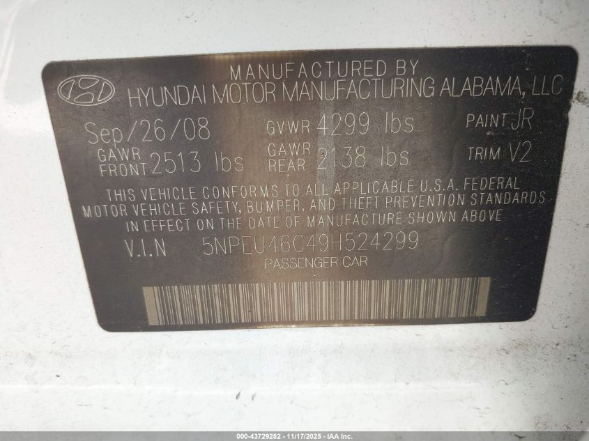 2009 Hyundai Sonata Limited VIN: 5NPEU46C49H524299 Lot: 43729282