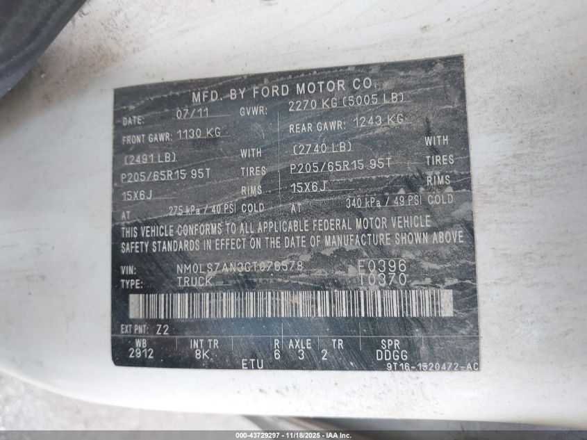 2012 Ford Transit Connect Xl VIN: NM0LS7AN3CT076578 Lot: 43729297