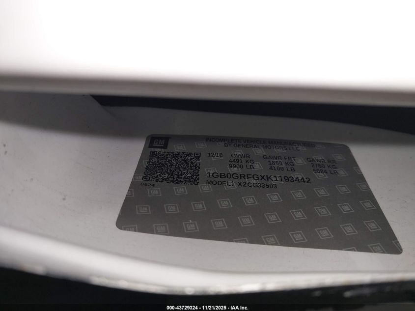 2019 Chevrolet Express Cutaway Work Van VIN: 1GB0GRFGXK1193442 Lot: 43729324