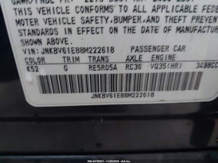 2008 Infiniti G35 Journey VIN: JNKBV61E88M222618 Lot: 43729331