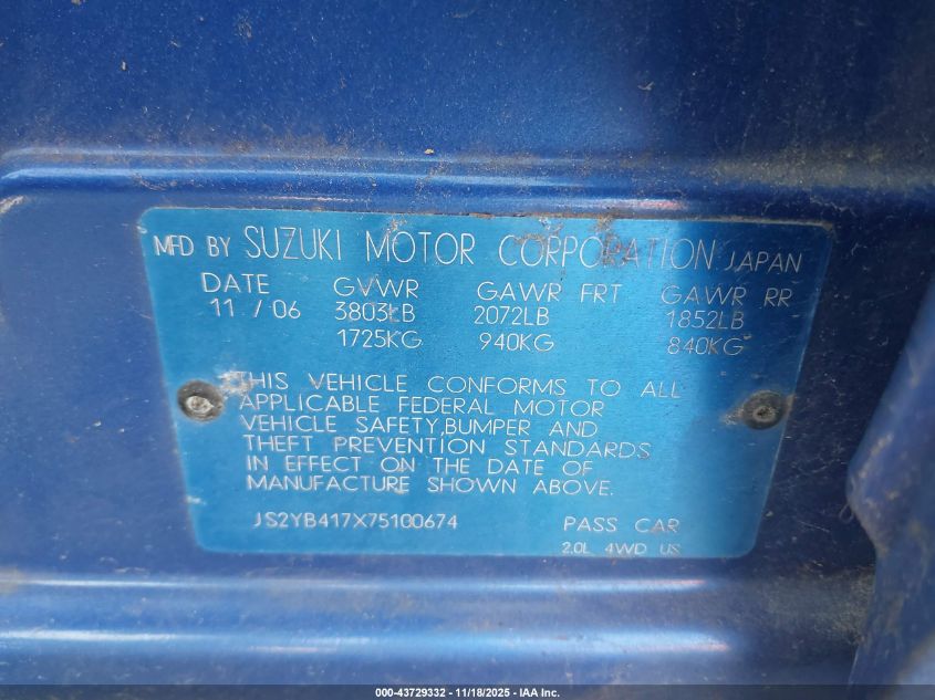 2007 Suzuki Sx4 Sport VIN: JS2YB417X75100674 Lot: 43729332