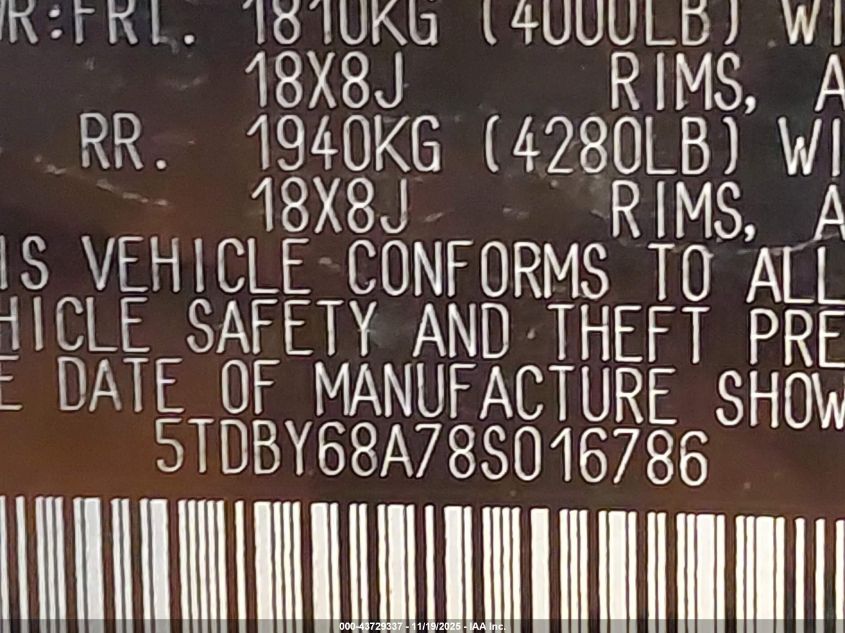 2008 Toyota Sequoia Limited 5.7L V8 VIN: 5TDBY68A78S016786 Lot: 43729337