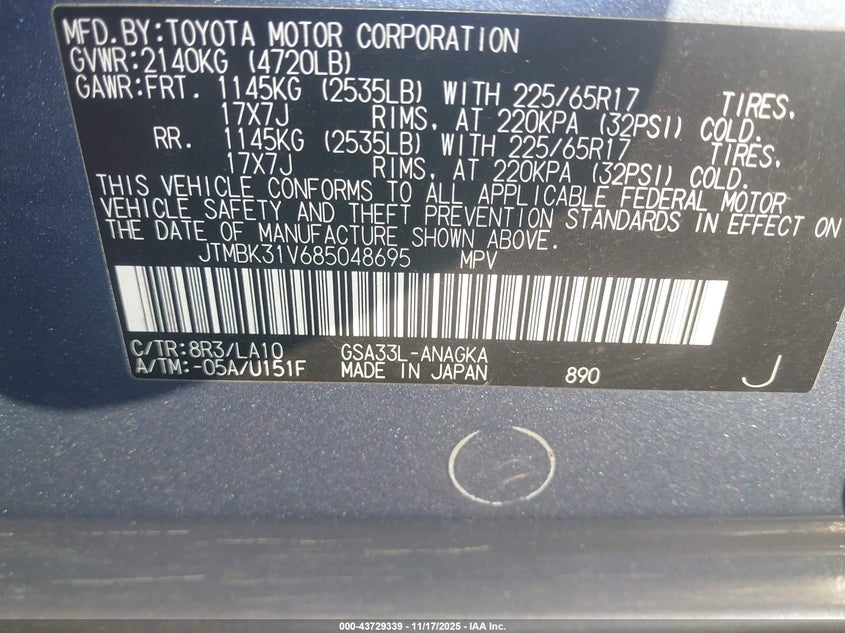 2008 Toyota Rav4 Limited V6 VIN: JTMBK31V685048695 Lot: 43729339