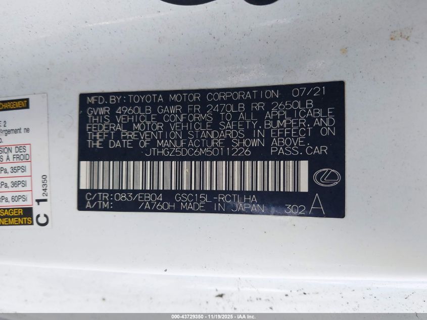 2021 Lexus Rc 350 F Sport VIN: JTHGZ5DC6M5011226 Lot: 43729350