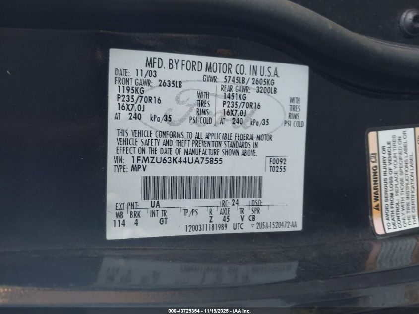 2004 Ford Explorer Xlt VIN: 1FMZU63K44UA75855 Lot: 43729354