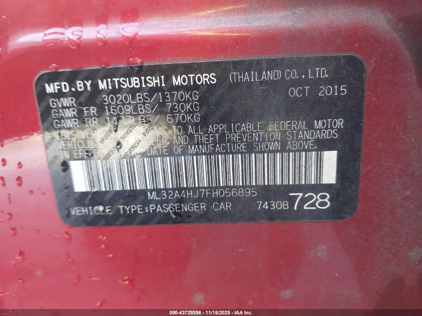 2015 Mitsubishi Mirage Es VIN: ML32A4HJ7FH056895 Lot: 43729356