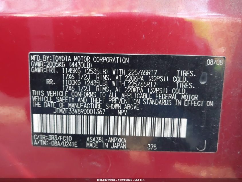2009 Toyota Rav4 VIN: JTMZF33V89D001367 Lot: 43729384