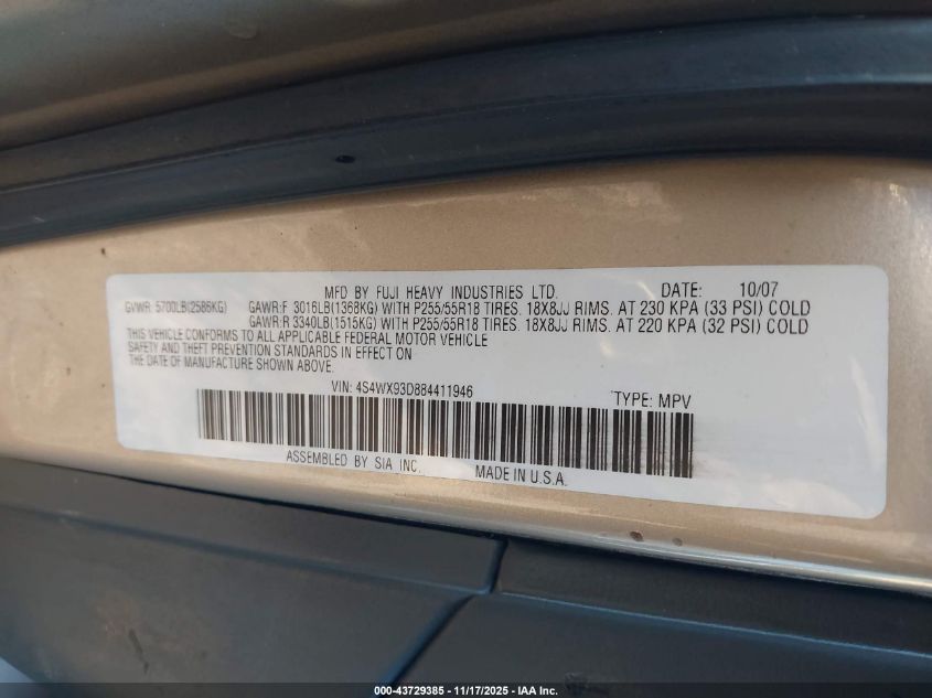 2008 Subaru Tribeca Limited 5-Passenger VIN: 4S4WX93D884411946 Lot: 43729385