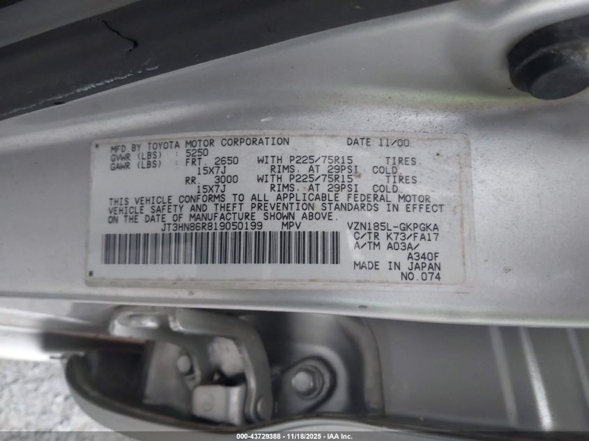 2001 Toyota 4Runner Sr5 V6 VIN: JT3HN86R819050199 Lot: 43729388