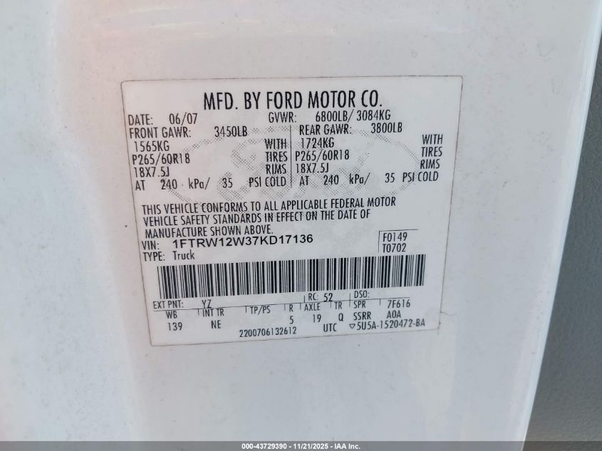 2007 Ford F-150 Xlt VIN: 1FTRW12W37KD17136 Lot: 43729390
