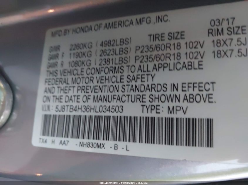 2017 Acura Rdx Acurawatch Plus Package VIN: 5J8TB4H36HL034503 Lot: 43729396