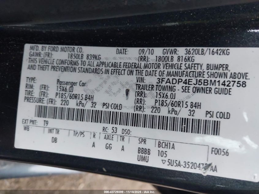 2011 Ford Fiesta Se VIN: 3FADP4EJ5BM142758 Lot: 43729399