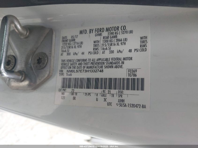 2017 Ford Transit Connect Xl VIN: NM0LS7E73H1332748 Lot: 43729410