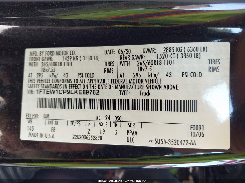 1FTEW1CP9LKE69762 2020 FORD F-150 photo no. 9