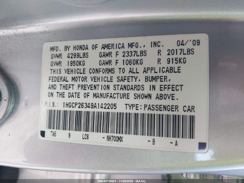 2009 Honda Accord 2.4 Lx VIN: 1HGCP26349A142205 Lot: 43729421
