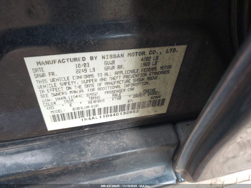 2004 Nissan Altima 2.5 S VIN: 1N4AL11D44C132952 Lot: 43729425