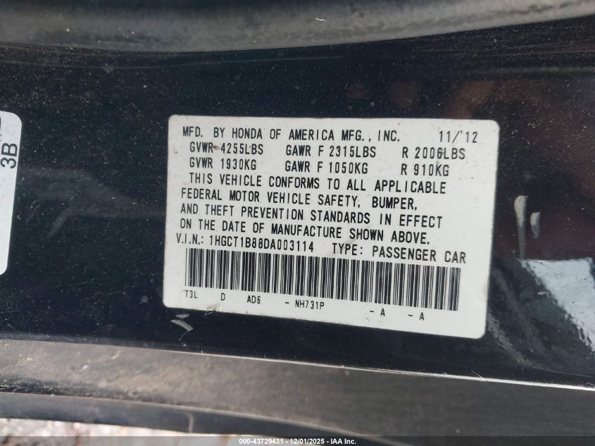 2013 Honda Accord Ex-L VIN: 1HGCT1B88DA003114 Lot: 43729431