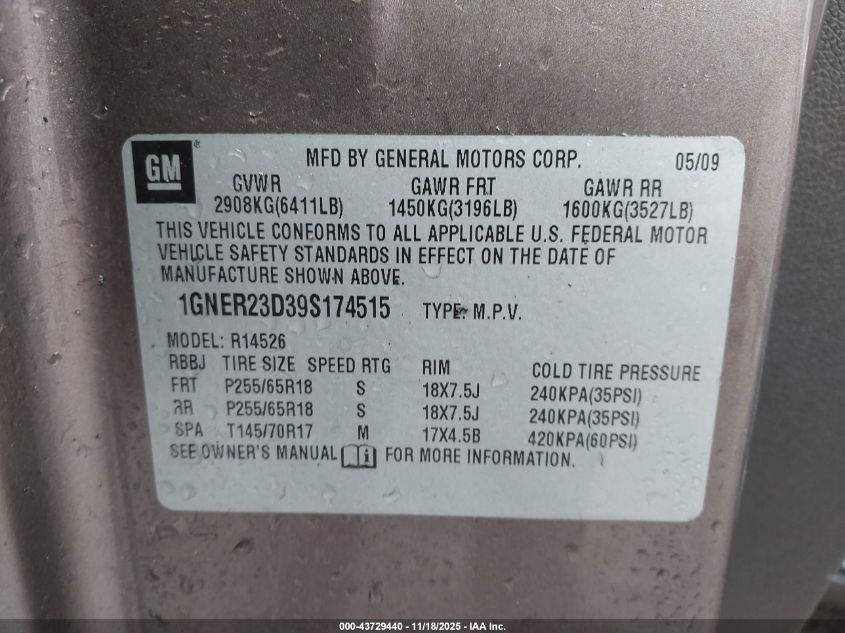 2009 Chevrolet Traverse Lt VIN: 1GNER23D39S174515 Lot: 43729440