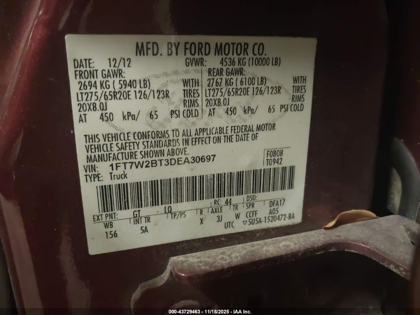 2013 Ford F-250 Lariat VIN: 1FT7W2BT3DEA30697 Lot: 43729463