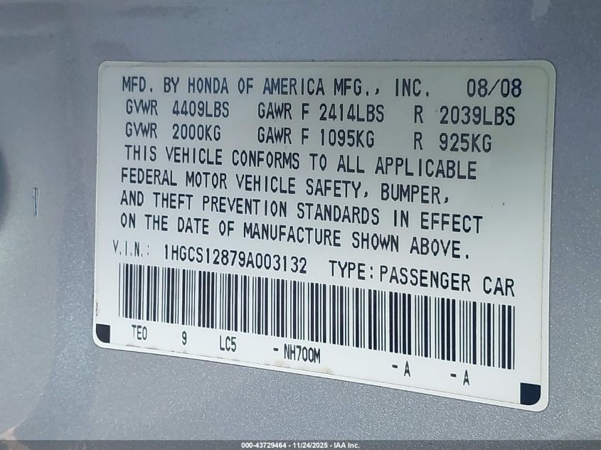 2009 Honda Accord 2.4 Ex-L VIN: 1HGCS12879A003132 Lot: 43729464