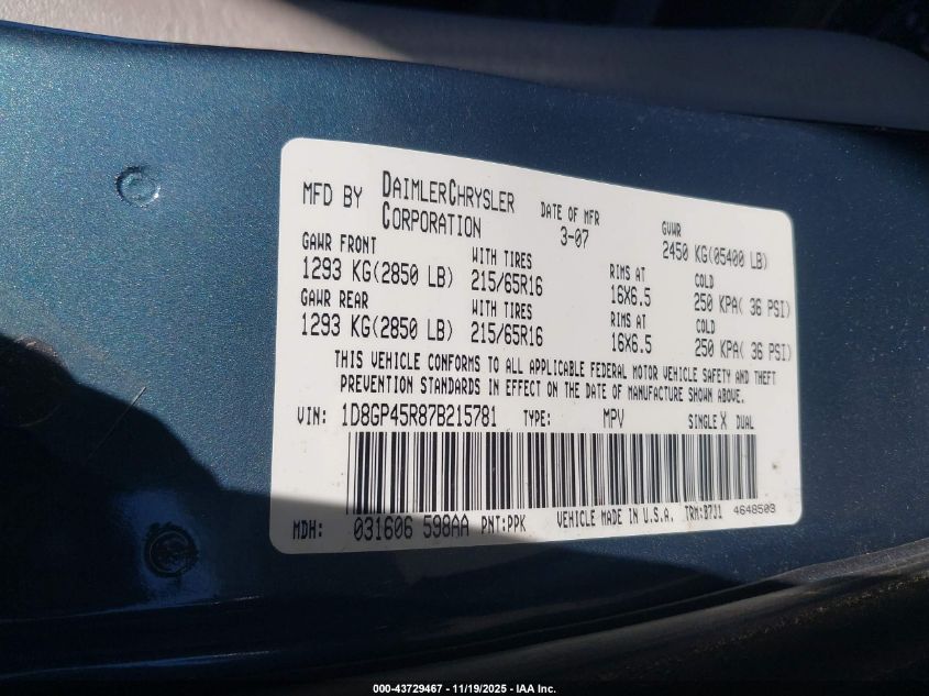 2007 Dodge Caravan Sxt VIN: 1D8GP45R87B215781 Lot: 43729467