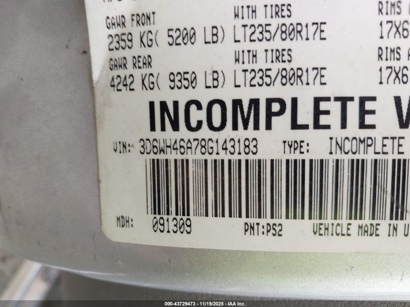 2008 Dodge Ram 3500 Hd Chassis St/Slt VIN: 3D6WH46A78G143183 Lot: 43729473