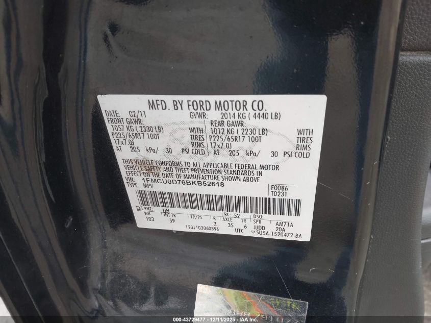 2011 Ford Escape Xlt VIN: 1FMCU0D76BKB52618 Lot: 43729477