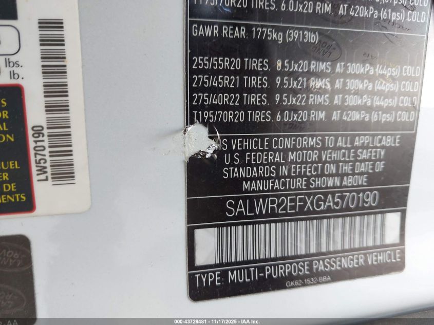 2016 Land Rover Range Rover Sport 5.0L V8 Supercharged/5.0L V8 Supercharged Dynamic VIN: SALWR2EFXGA570190 Lot: 43729481