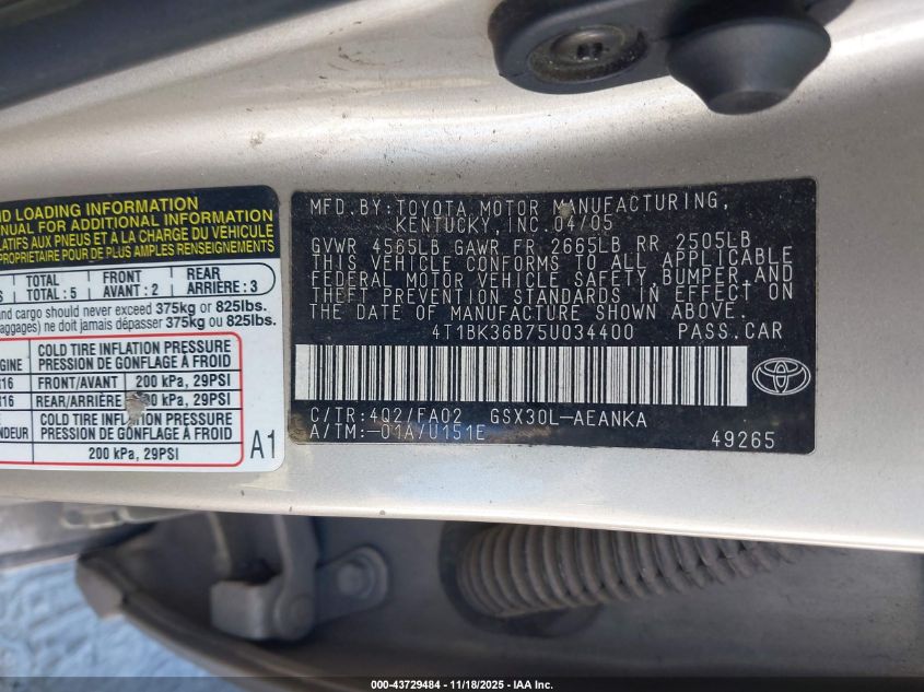 2005 Toyota Avalon Xl VIN: 4T1BK36B75U034400 Lot: 43729484