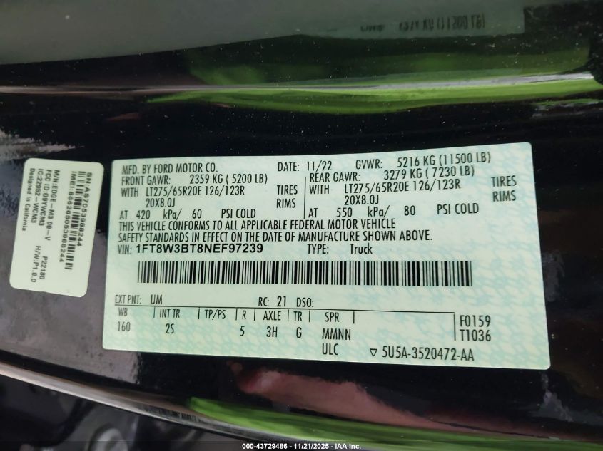 2022 Ford F-350 Xlt VIN: 1FT8W3BT8NEF97239 Lot: 43729486