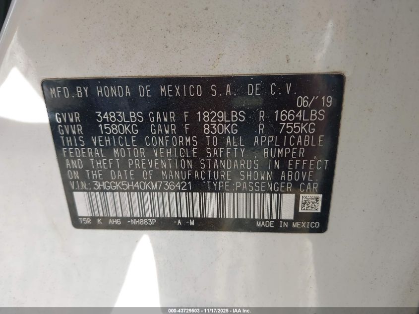 2019 Honda Fit Lx VIN: 3HGGK5H40KM736421 Lot: 43729503