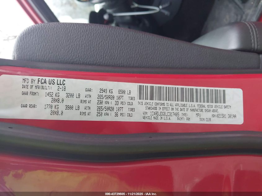 2018 Dodge Durango Gt Awd VIN: 1C4RDJDG8JC317405 Lot: 43729505