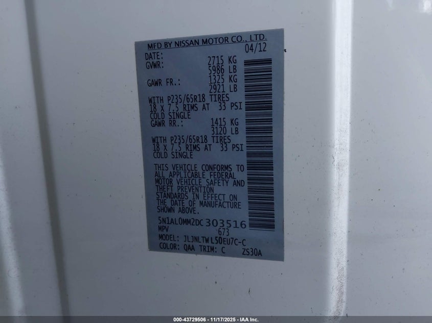 2013 Infiniti Jx35 VIN: 5N1AL0MM2DC303516 Lot: 43729506