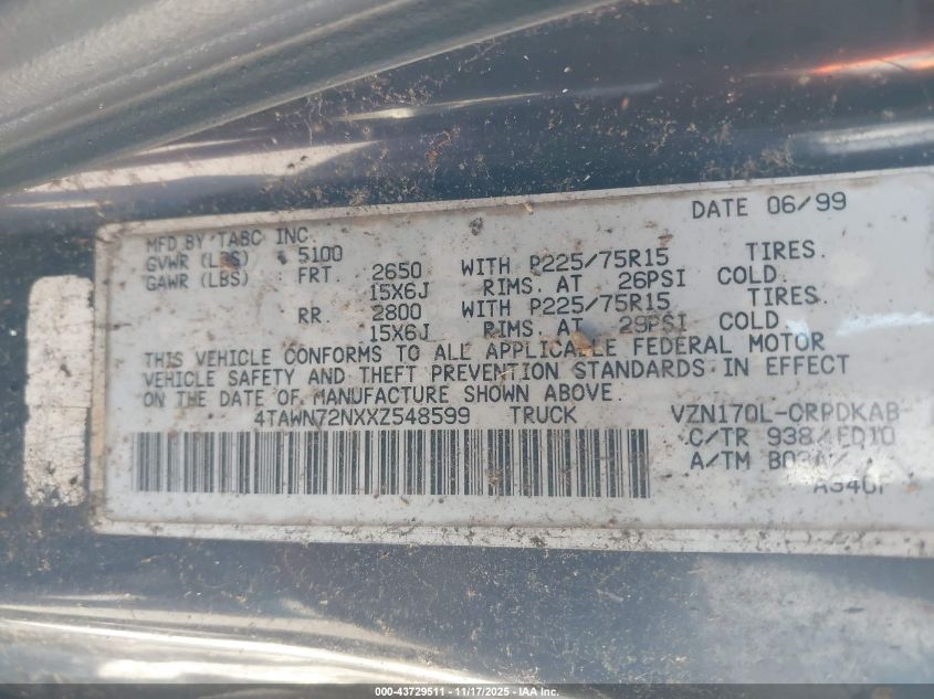 1999 Toyota Tacoma VIN: 4TAWN72NXXZ548599 Lot: 43729511