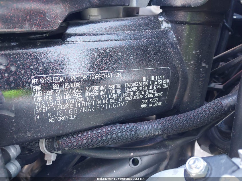 2015 Suzuki Gsx-S750 VIN: JS1GR7NA6F2100397 Lot: 43729514