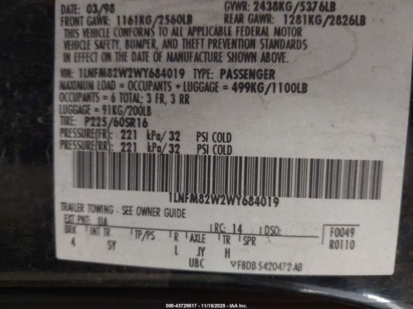 1998 Lincoln Town Car Signature VIN: 1LNFM82W2WY684019 Lot: 43729517