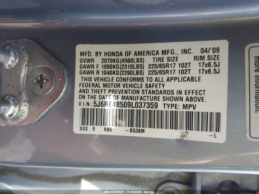 2009 Honda Cr-V Ex VIN: 5J6RE48509L037359 Lot: 43729529