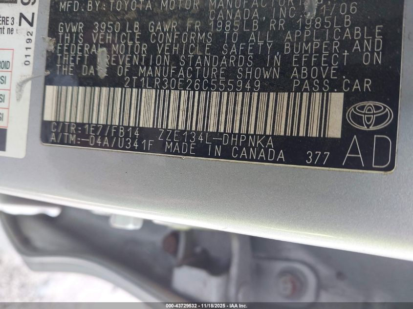 2006 Toyota Matrix Xr VIN: 2T1LR30E26C555949 Lot: 43729532