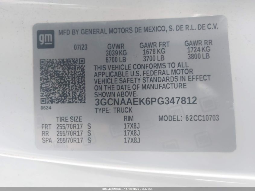 2023 Chevrolet Silverado 1500 2Wd Standard Bed Wt VIN: 3GCNAAEK6PG347812 Lot: 43729533