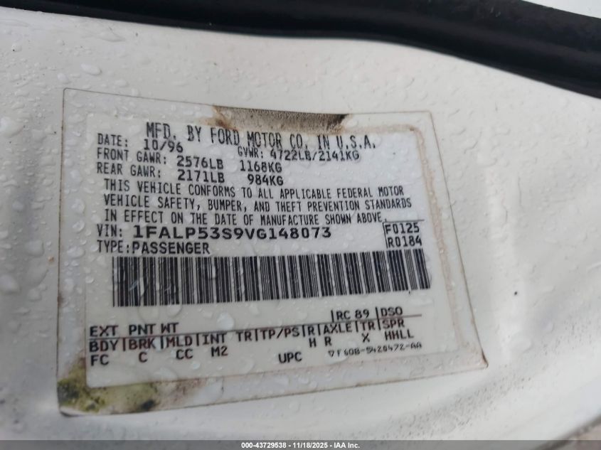 1997 Ford Taurus Lx VIN: 1FALP53S9VG148073 Lot: 43729538