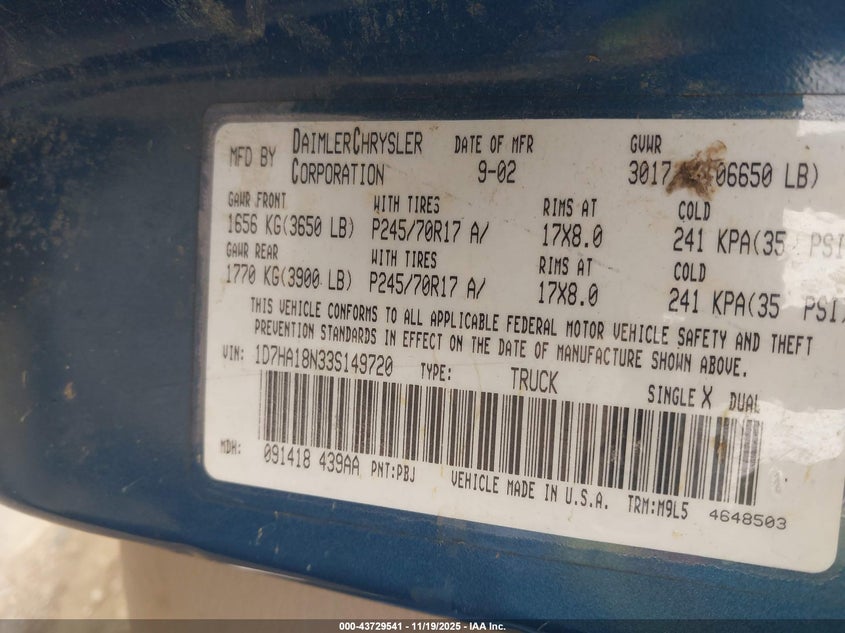 1D7HA18N33S149720 2003 DODGE RAM photo no. 9