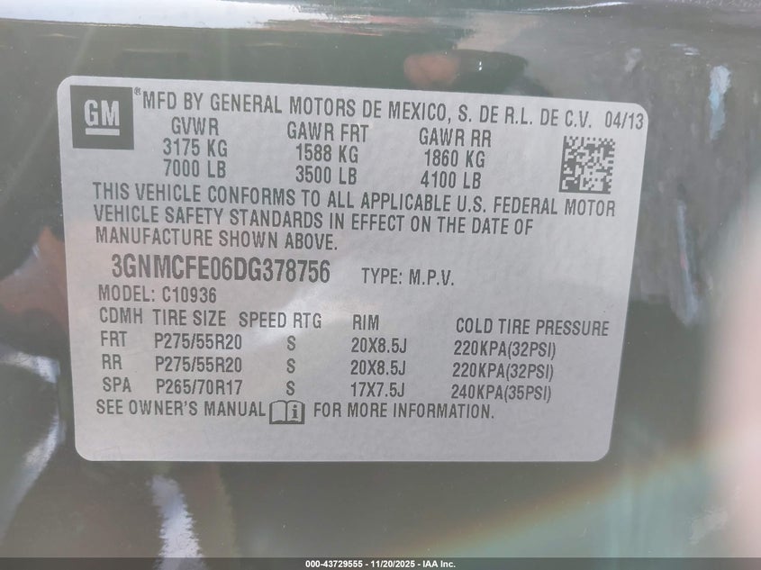 2013 Chevrolet Avalanche Lt VIN: 3GNMCFE06DG378756 Lot: 43729555