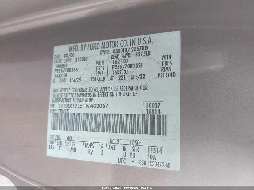 2001 Ford F-150 Lariat/Xl/Xlt VIN: 1FTRX17L51NA03067 Lot: 43729558