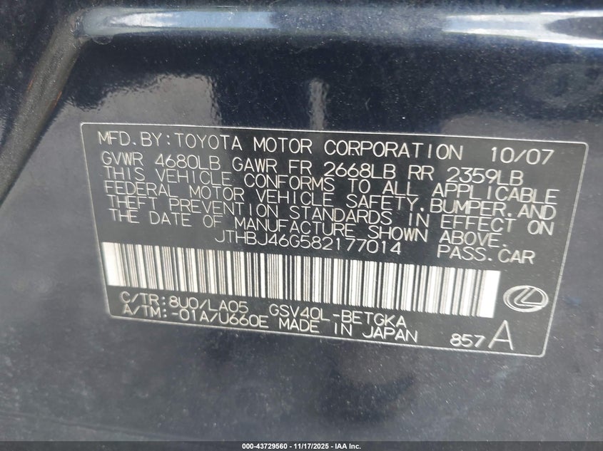 JTHBJ46G582177014 2008 LEXUS ES photo no. 9