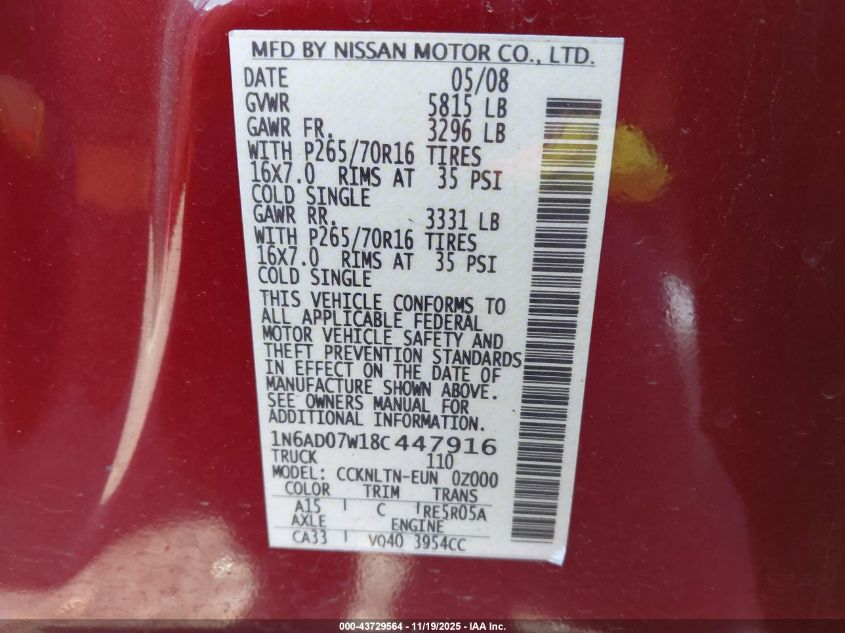 2008 Nissan Frontier Se VIN: 1N6AD07W18C447916 Lot: 43729564