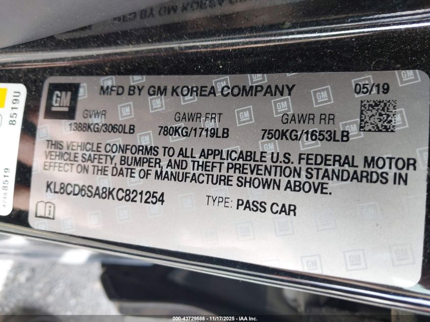 2019 Chevrolet Spark 1Lt Cvt VIN: KL8CD6SA8KC821254 Lot: 43729586