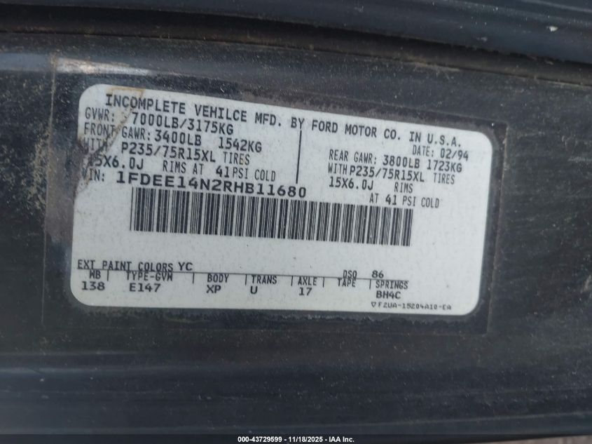 1994 Ford Econoline E150 Van VIN: 1FDEE14N2RHB11680 Lot: 43729599