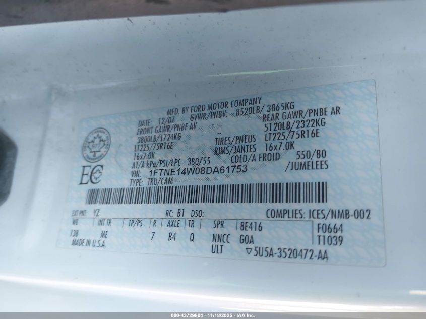 2008 Ford E-150 Commercial VIN: 1FTNE14W08DA61753 Lot: 43729604