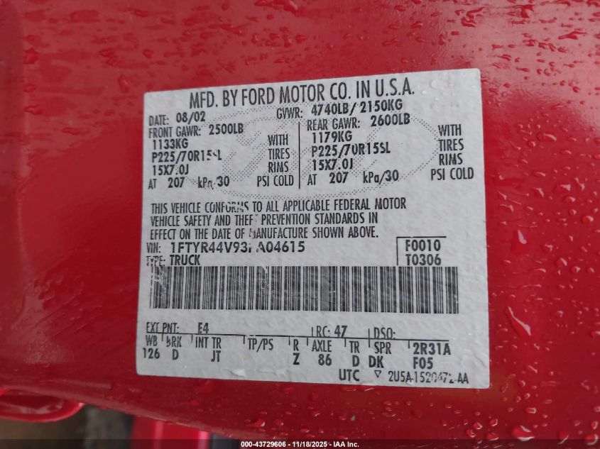 2003 Ford Ranger Edge/Tremor/Xlt VIN: 1FTYR44V93PA04615 Lot: 43729606